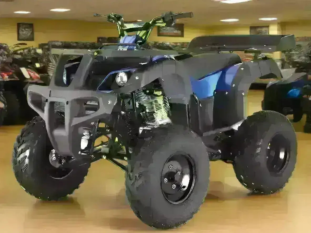 Blue and black Rhino 250 utility ATV with front and rear cargo racks, front three-quarter view in the showroom