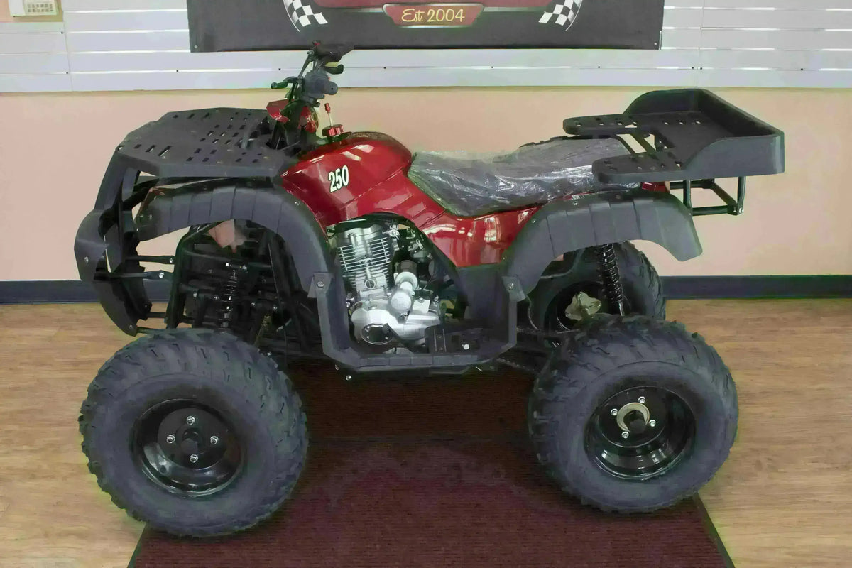 Left-side view of a red Rhino 250 utility ATV showing engine, black cargo racks and plastic-covered seat in the showroom