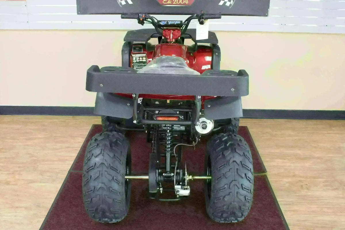 Rear view of a red Rhino 250 utility ATV showing cargo rack, exhaust, axle and rear suspension in the showroom