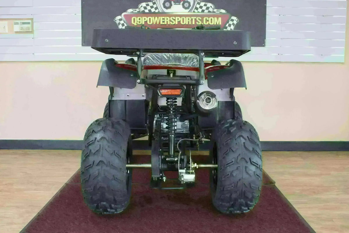 Low rear view of a red Rhino 250 utility ATV showing exhaust, rear brake, axle and suspension in the showroom
