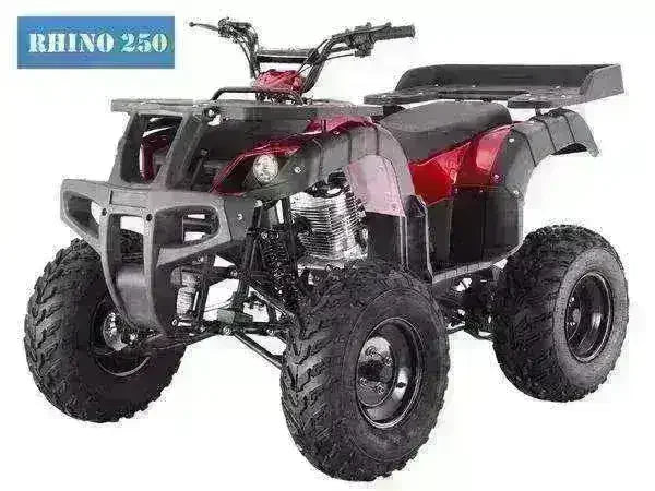 Red Rhino 250 utility ATV with black fenders, front bumper and cargo racks, front three-quarter view