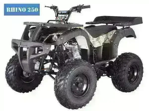 Camouflage Rhino 250 utility ATV with black fenders, front bumper and cargo racks, front three-quarter view