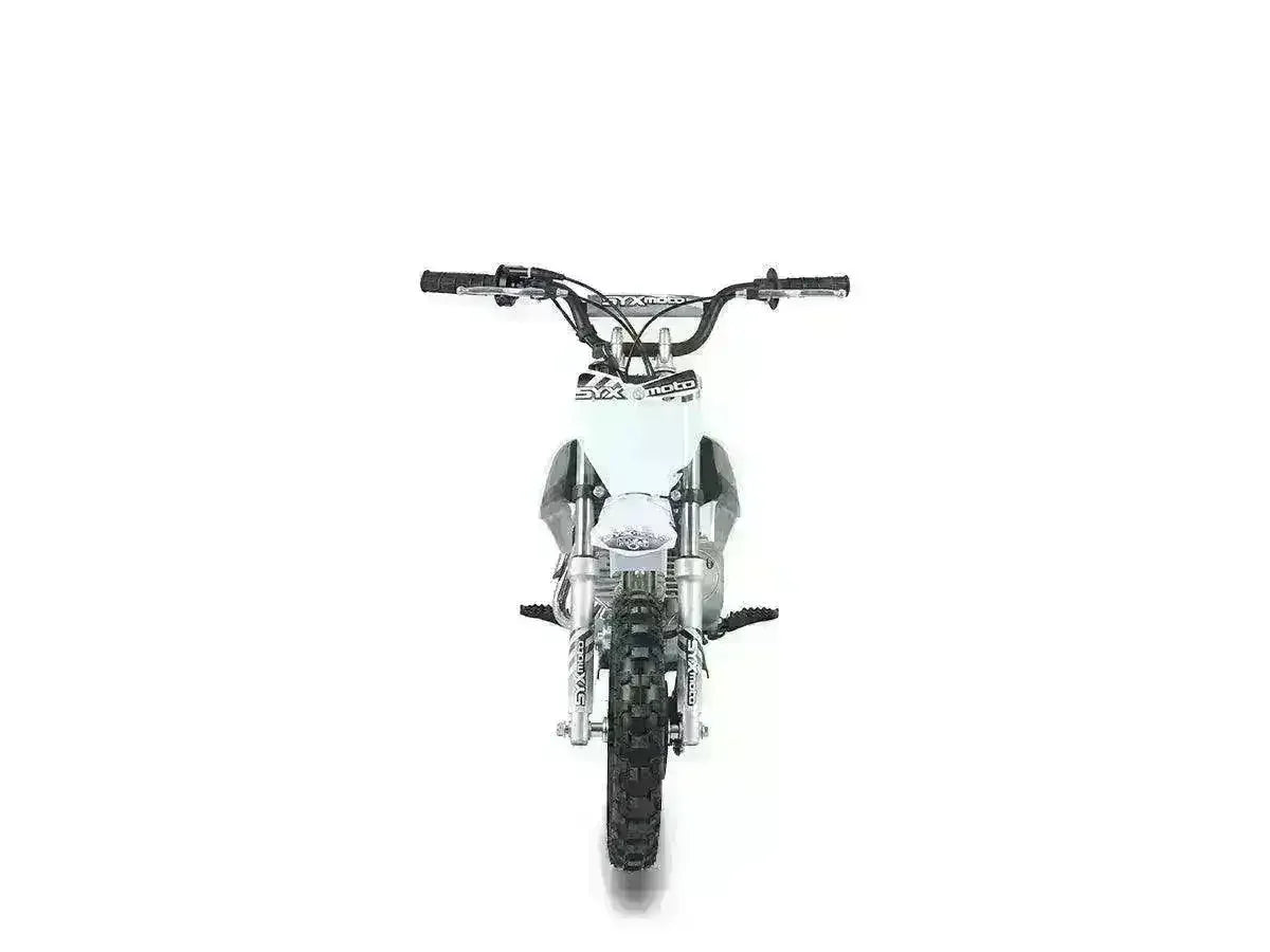 Front view of a white 60cc kids pit bike with knobby tires on a plain background