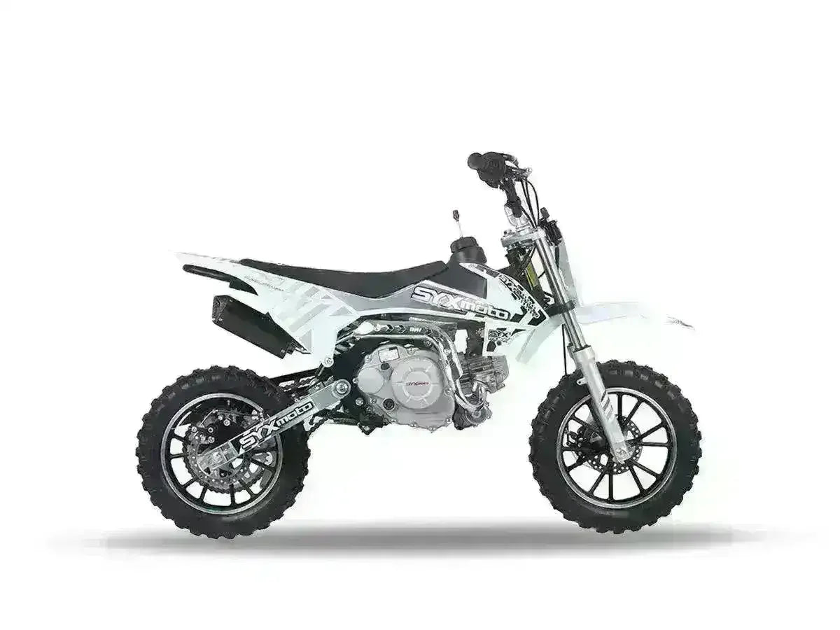 White 60cc kids pit bike with off-road tires and motocross design on a plain background
