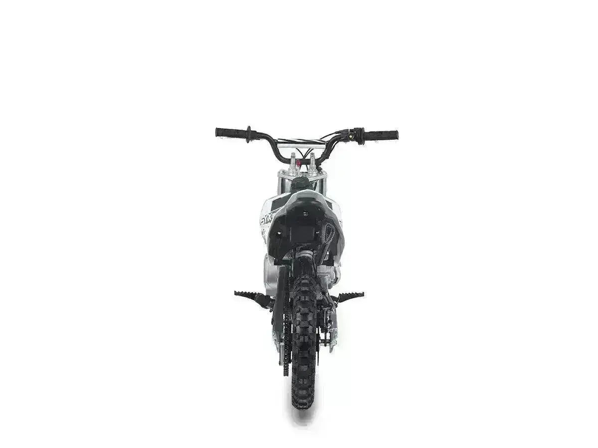 Rear view of 60cc kids pit bike with knobby tire, off-road dirt bike styling