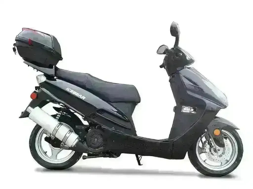 Black 150cc street-legal motor scooter with top case and mirrors, side profile view