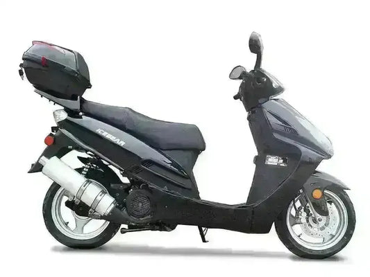 Black 150cc street-legal motor scooter with top case and mirrors, side profile view