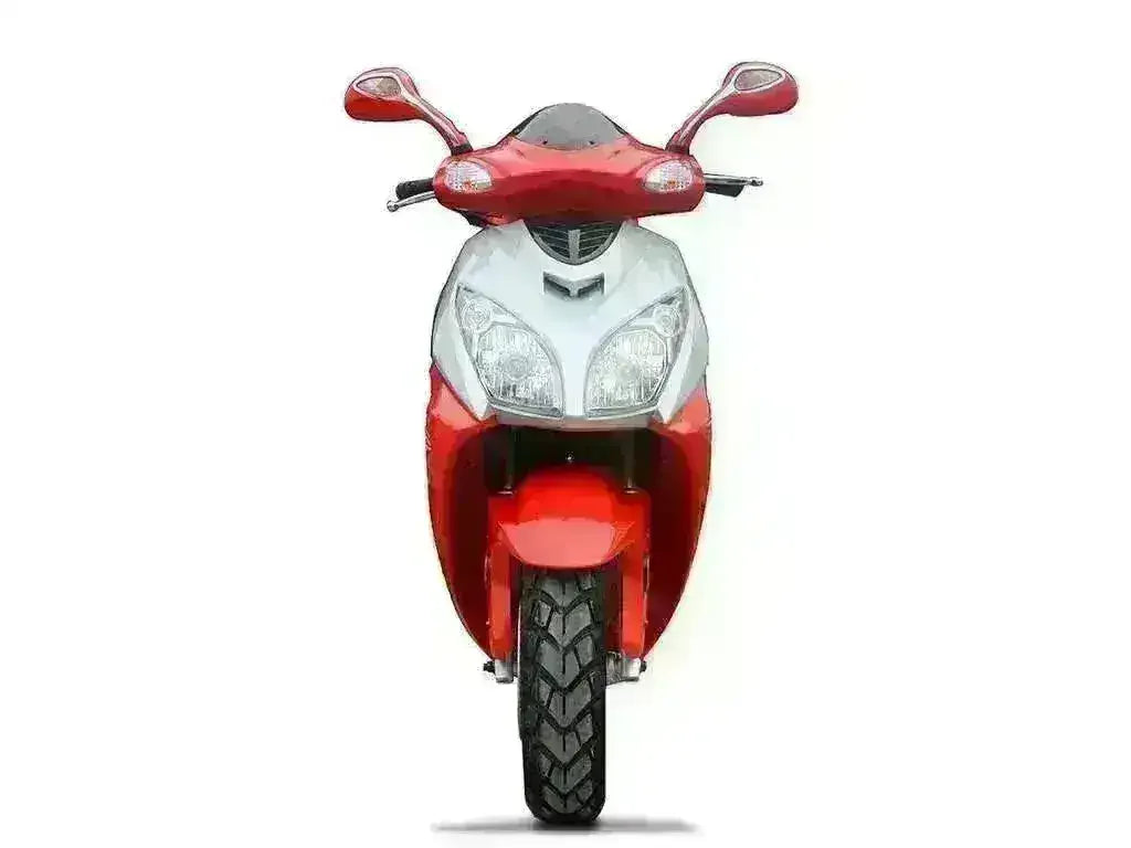 Front view of a red and white 150cc road-legal motor scooter with dual headlights
