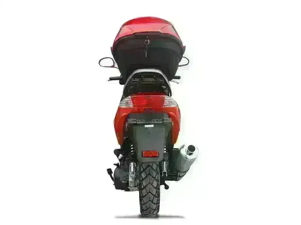 Rear view of a red 150cc motor scooter with top storage, large tire, and exhaust pipe