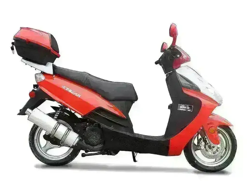 Red and black 150cc motor scooter with top case, side view on white background