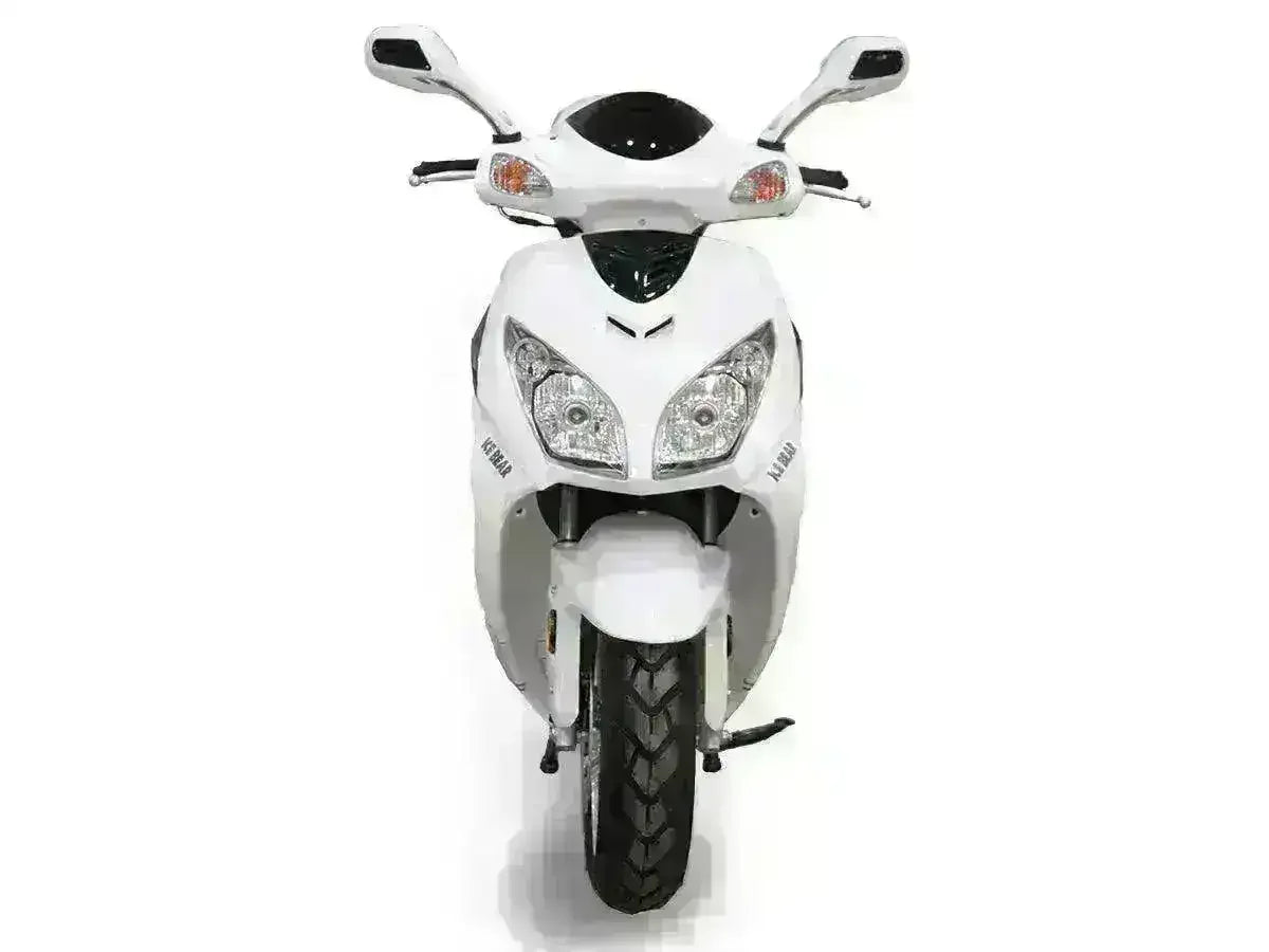 White 150cc motor scooter front view with dual headlights and rearview mirrors