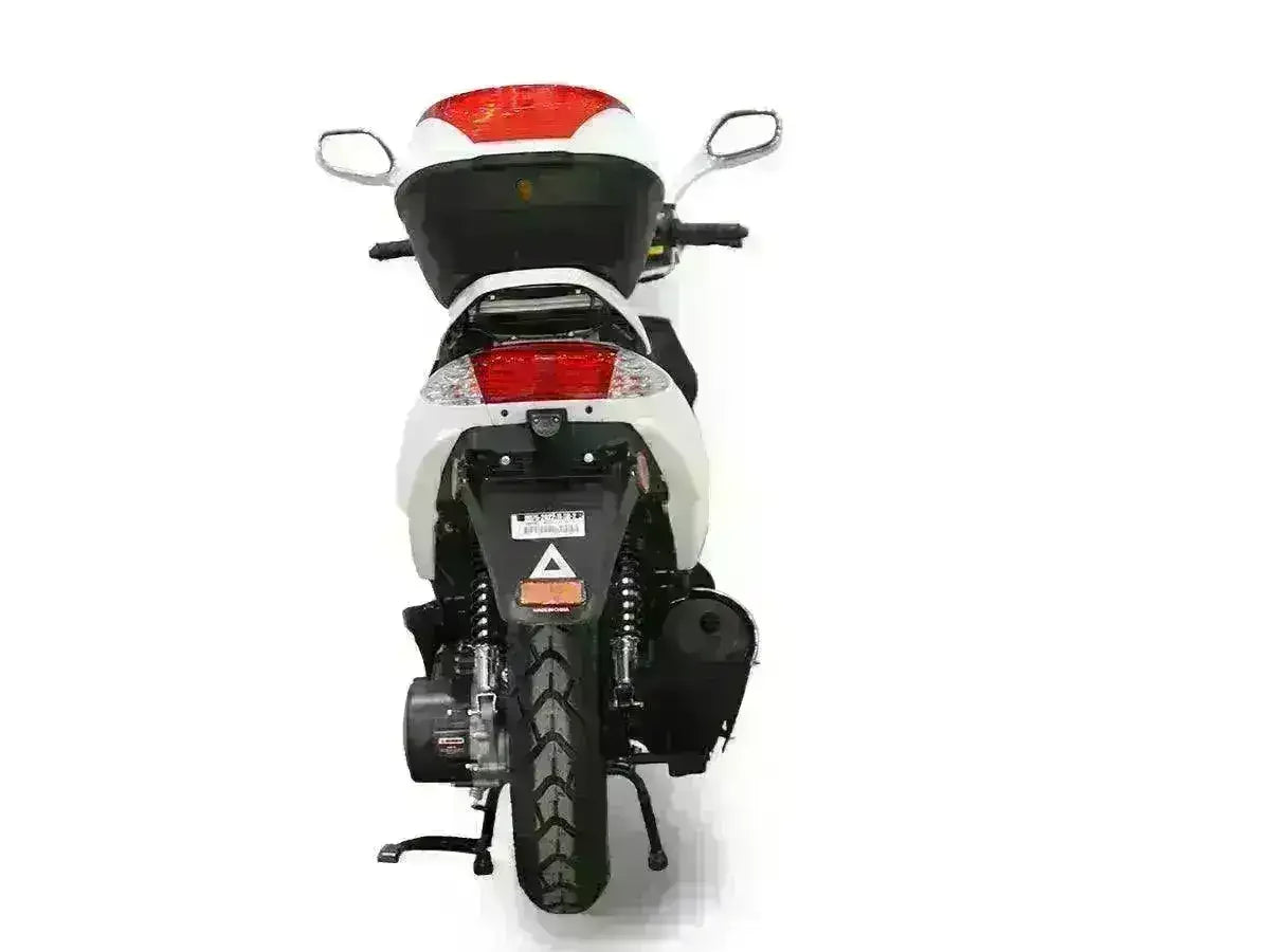 Rear view of white Hawkeye 150cc motor scooter with red taillights and rear mirrors