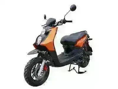 Orange and black street-legal 150cc scooter with dual headlights and rearview mirrors