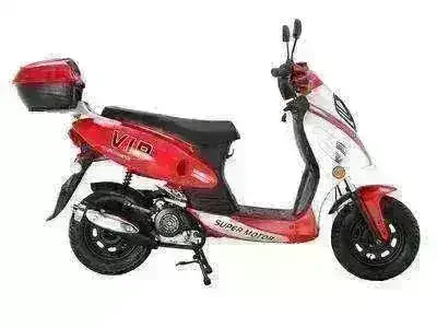 Red and white retro 50cc scooter with cargo box, side view, road legal motor scooter