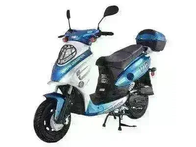 Blue and white 50cc road-legal scooter with rear storage box, side stand, and mirrors
