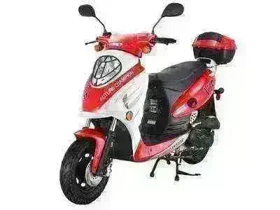Red and white 50cc road-legal scooter with mirrors and rear storage box, side view