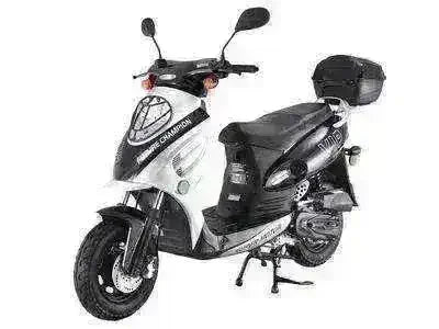 Black and white 50cc road legal retro scooter with mirrors and rear cargo box on kickstand