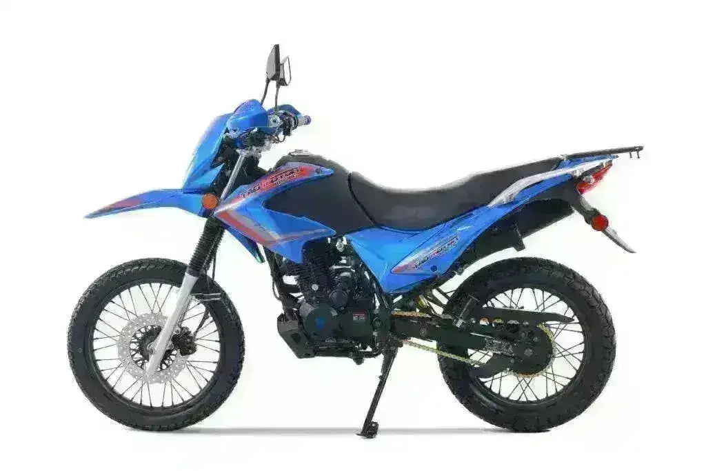 Blue TBR7D 250cc dual sport motorcycle with off-road tires, shown on white background.