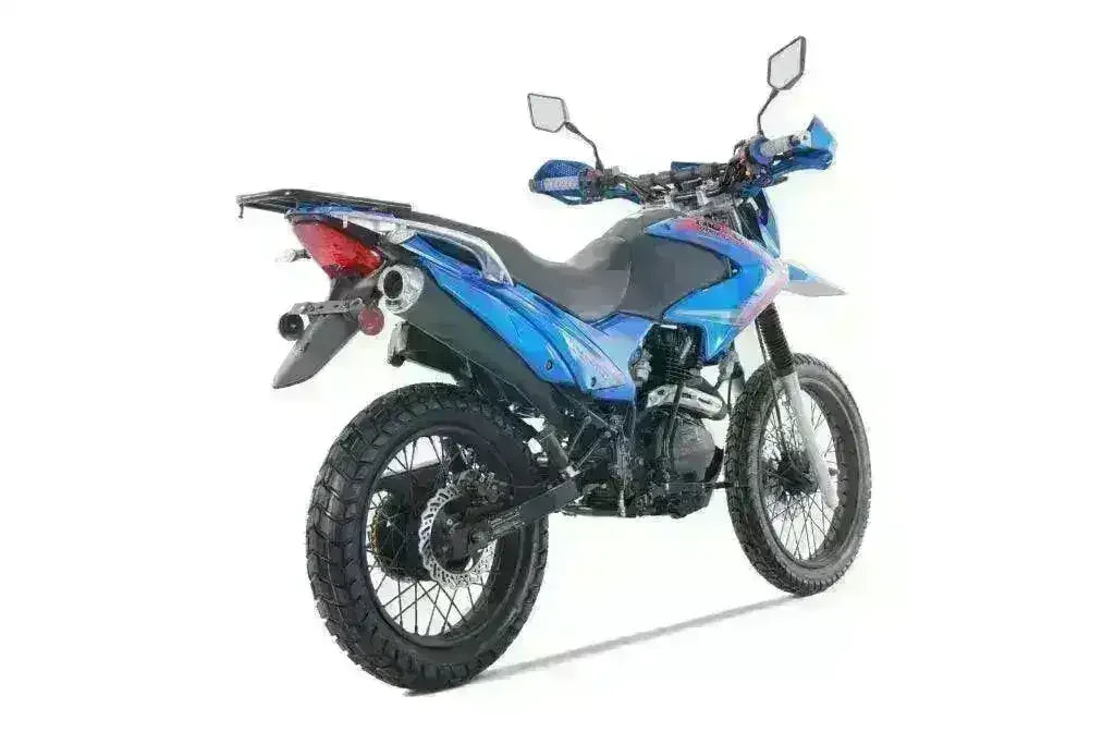 Blue 250cc dual sport motorcycle with off-road tires, rear view on white background