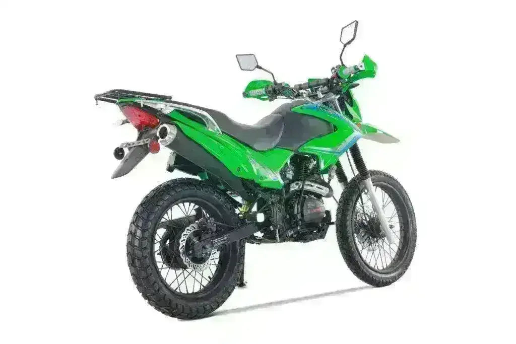 Green 250cc dual sport motorcycle with off-road tires and rear view mirrors on white background.