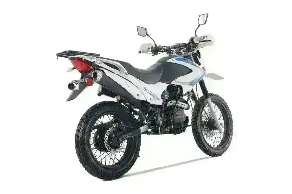 White and black dual sport 250cc motorcycle with off-road tires on white background