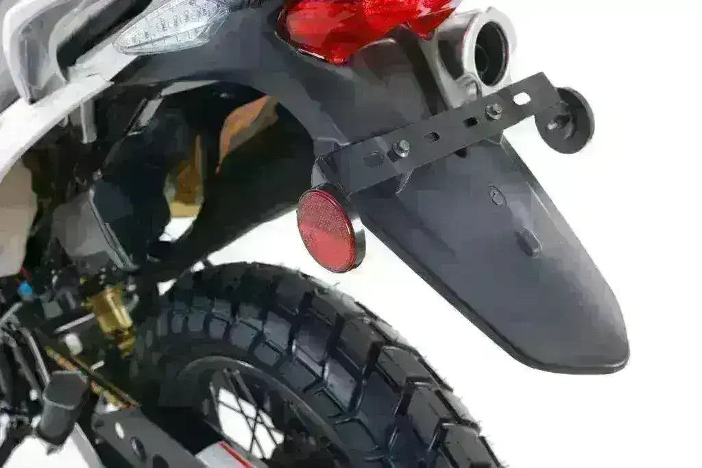 Close-up of rear tire, taillight, and fender of a TBR7D 250cc street legal motorcycle