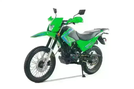 Green road-legal 250cc dual sport motorcycle with off-road tires on white background