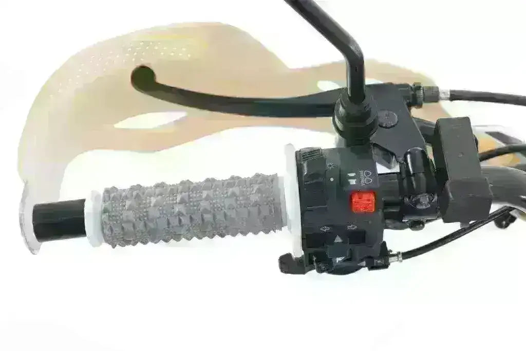 Close-up of motorcycle handlebar grip with controls, handguard, and mirror