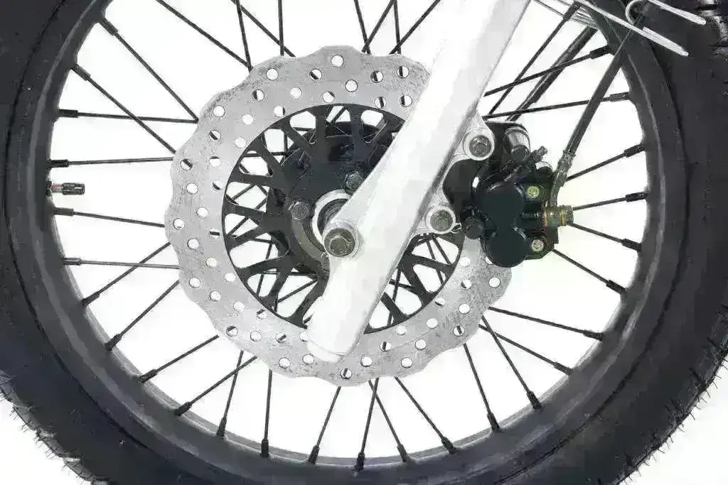 Close-up of spoked motorcycle wheel with front disc brake and black tire