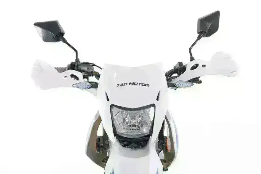 White Tao Motor TBR7D 250cc street legal motorcycle front view with mirrors and headlight