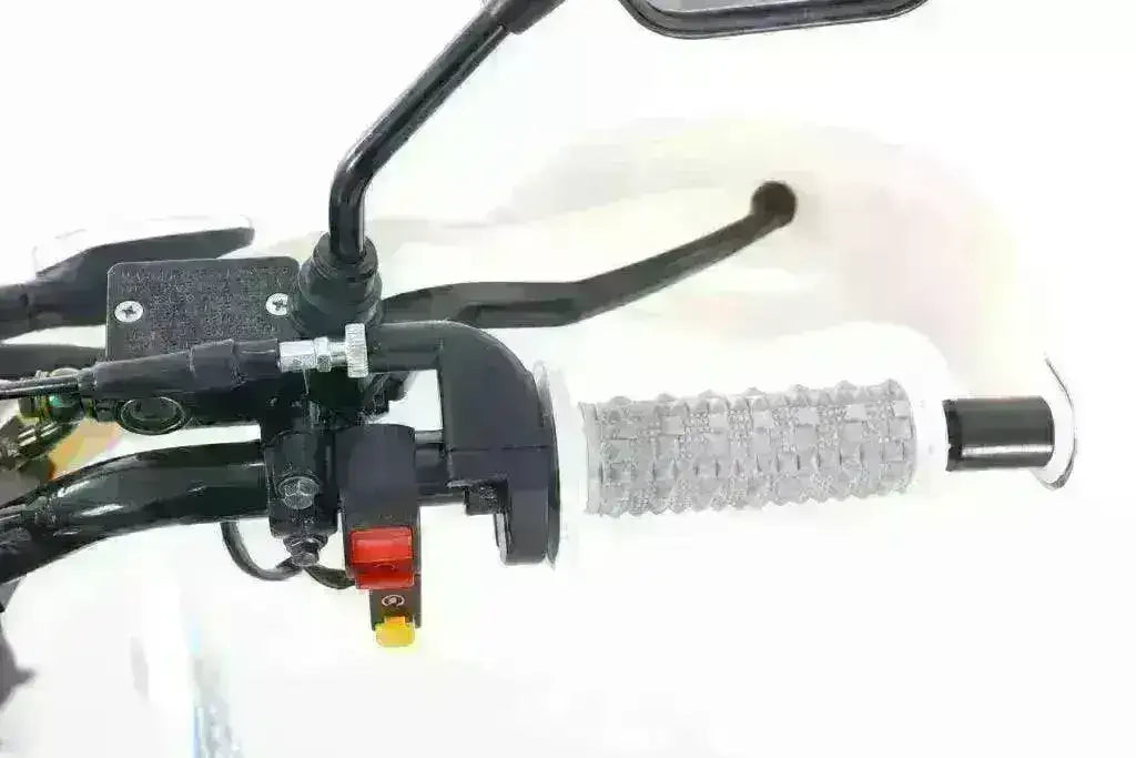 Close-up of motorcycle handlebar grip with controls and rearview mirror