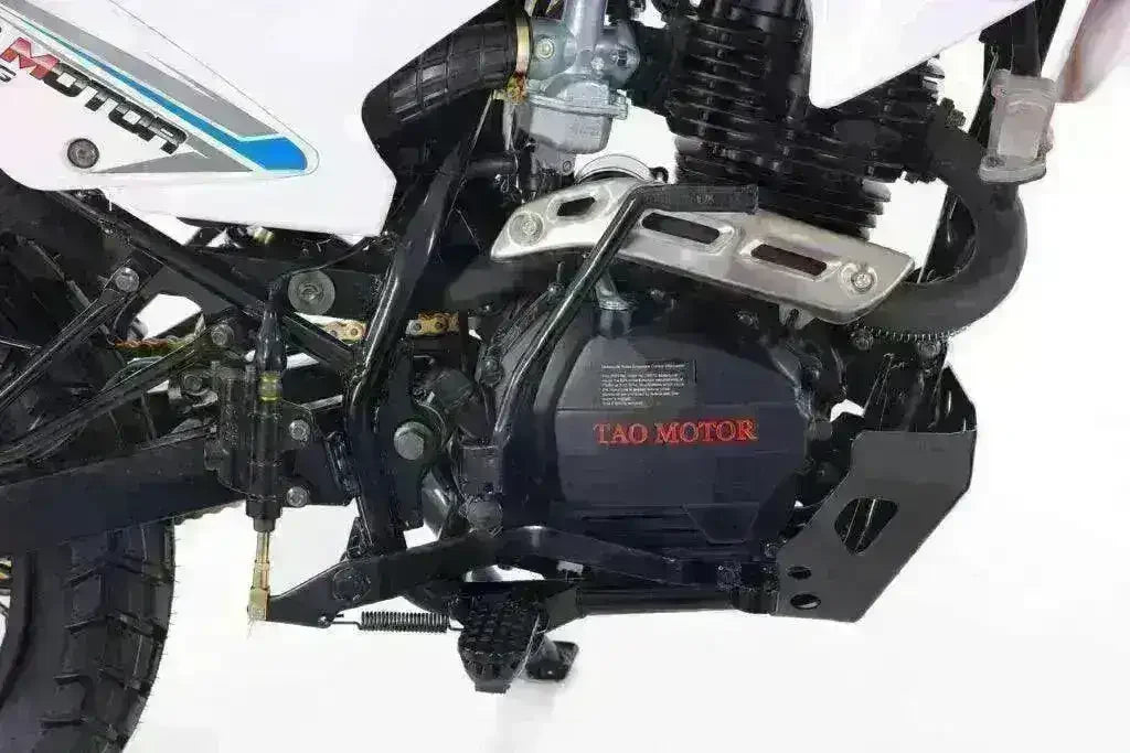 Close-up of TBR7D 250cc motorcycle engine and frame with visible Tao Motor branding