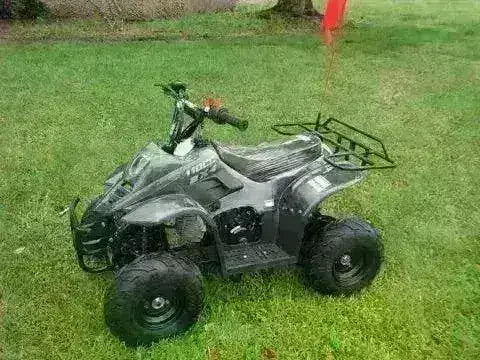 Black 110cc kids ATV with off-road tires and rear rack on grassy lawn