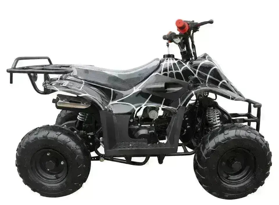 Black kids 110cc ATV with spiderweb design, rugged tires, at Q9 PowerSports USA