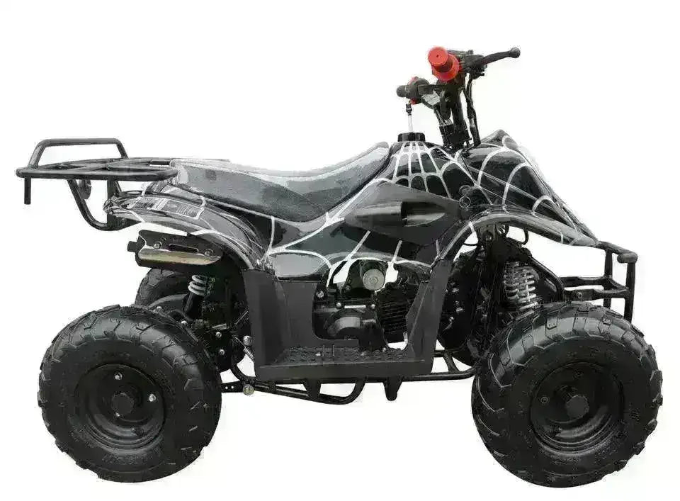 Black kids 4-wheeler ATV with spider web graphic design, knobby tires, and rear rack