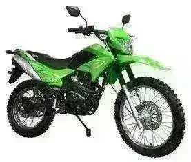 Green 250cc dirt bike with knobby tires and off-road styling, side view