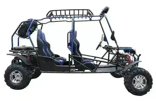 Four-seat 200cc go-kart with off-road tires and roll cage, side view.
