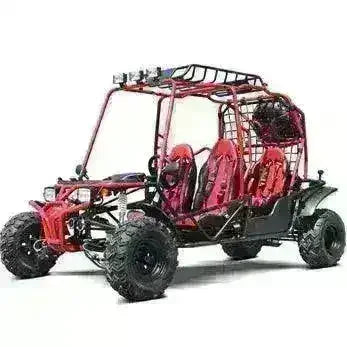 Four-seat red 200cc go-kart with roll cage, off-road tires, and overhead lights