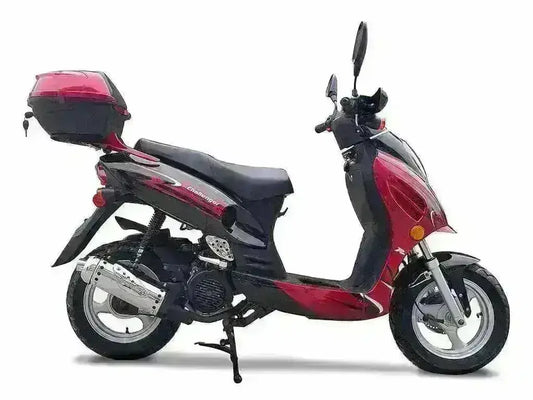Red and black 150cc street-legal scooter with rear cargo box, side view on white background