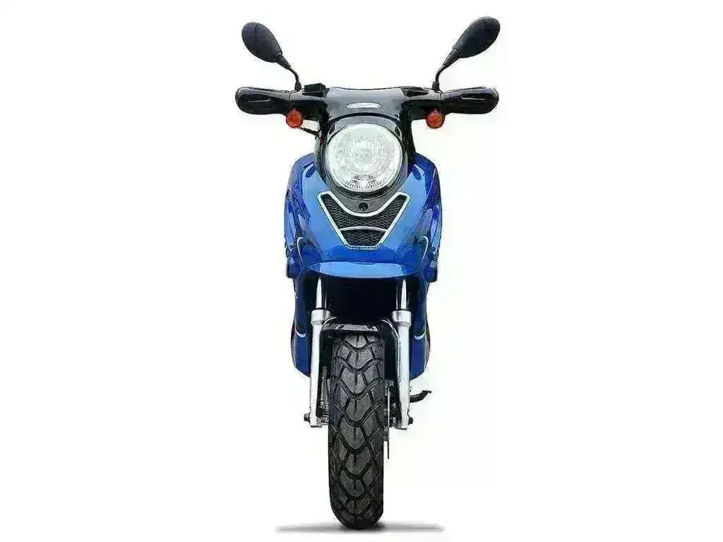 Front view of a blue 150cc street-legal scooter with large headlight and mirrors