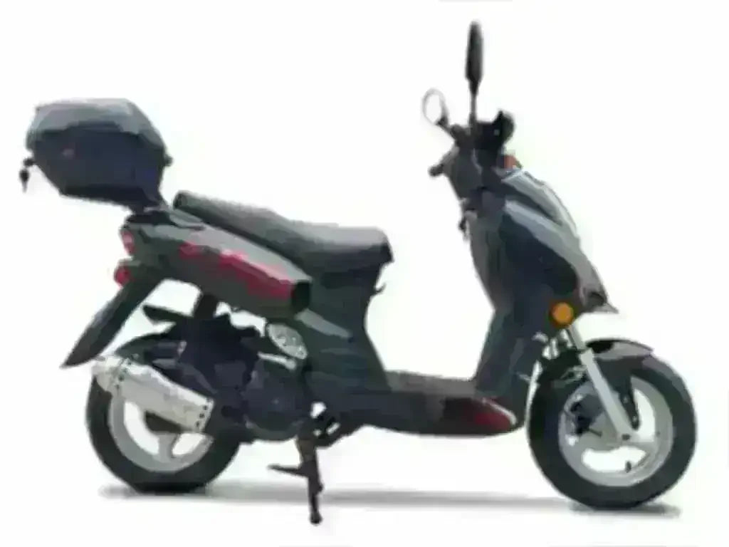 Black 150cc street-legal scooter with rear cargo box, side view on white background