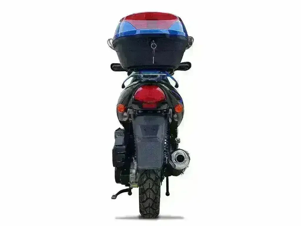 Rear view of a blue 150cc street-legal scooter with a top cargo box
