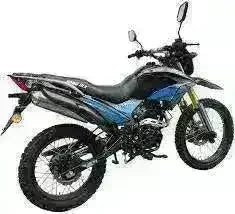 Blue street-legal RPS Hawk DLX 250 dual sport motorcycle with off-road tires
