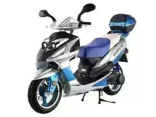 Blue and silver 150cc scooter with storage box and sporty design on white background