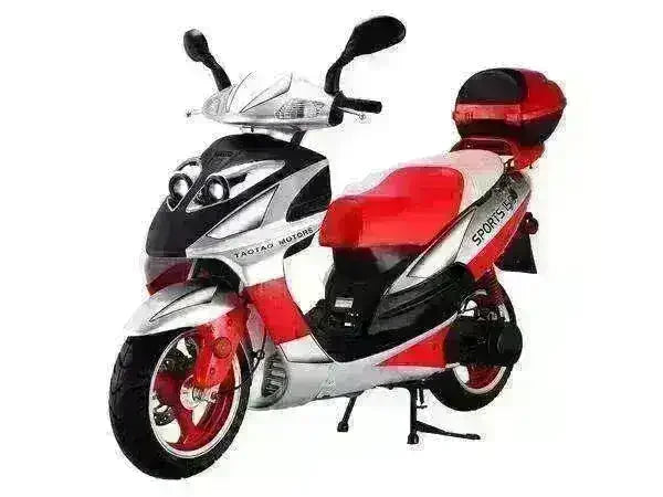 Red and white 150cc motor scooter with sporty design and rear storage box