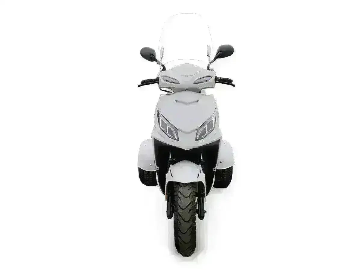Front view of a white three-wheeled 150cc trike scooter with windshield and mirrors
