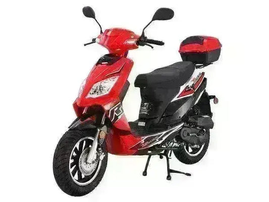 Red Thunder 50cc scooter with black seat and rear storage, Q9 PowerSports USA youth vehicle