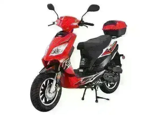 Red Thunder 50cc scooter with storage box and sporty decals, parked on kickstand