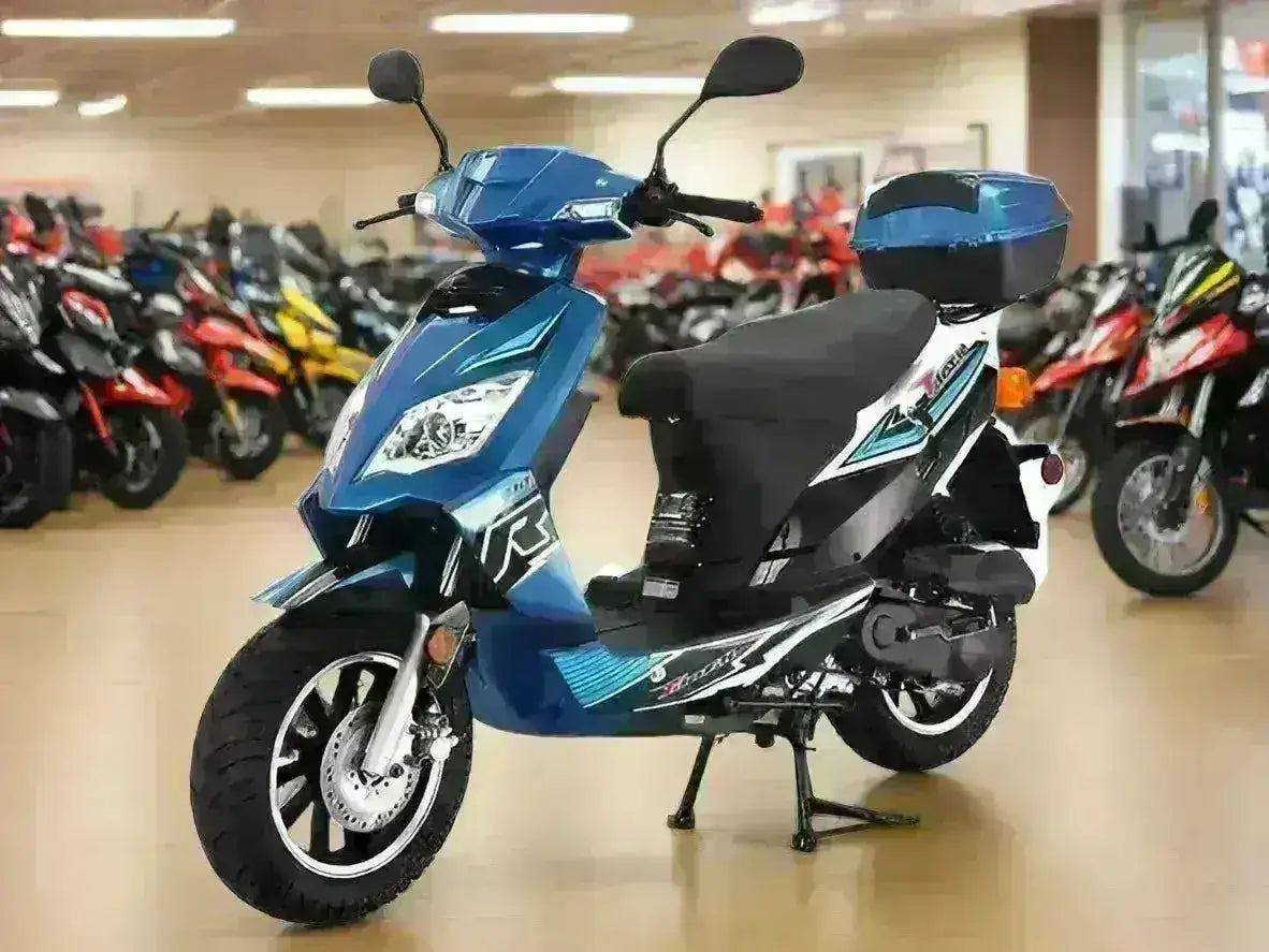 Blue 50cc scooter with sporty design on showroom floor, automatic motor scooter
