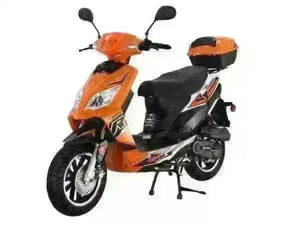 Orange and black 50cc scooter with rear storage box, parked on center stand